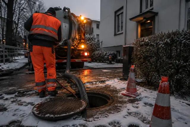 Gesicherter Kontrollschacht an einem verschneiten Wohnhaus mit Spülschlauch und winterlicher Arbeitsausrüstung