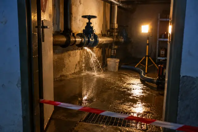Nächtlicher Wasseraustritt an einer Kellerleitung mit beleuchtetem Absperrventil und abgesperrtem Zugang